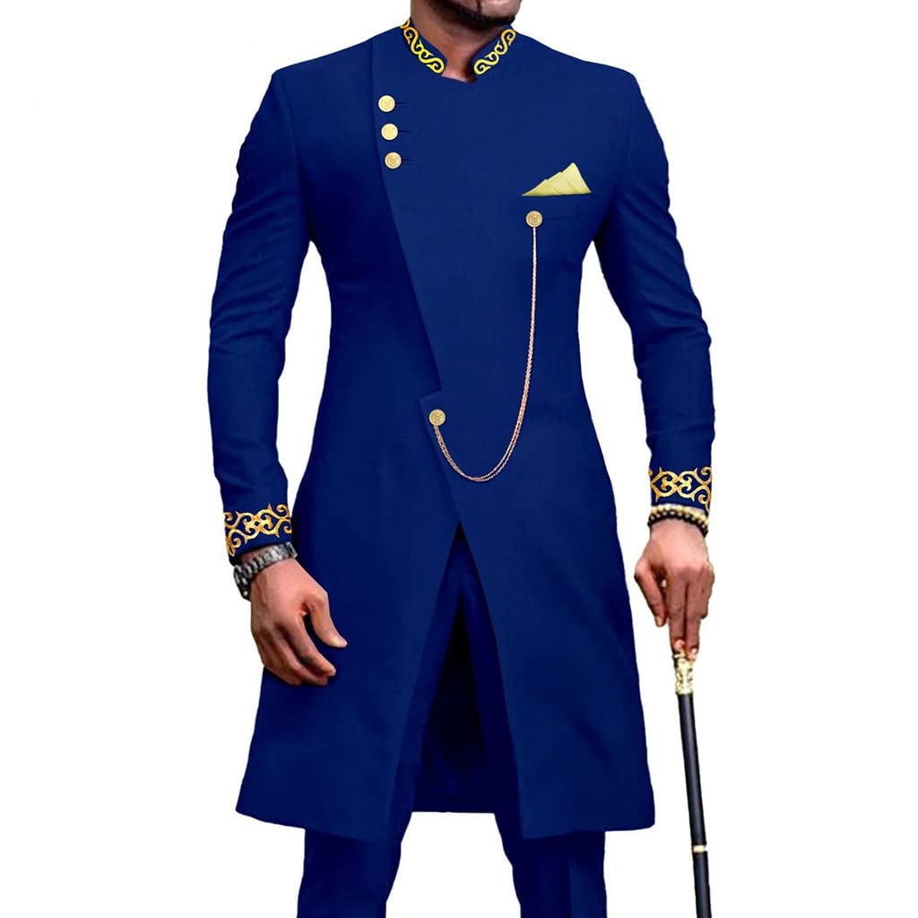 Costume Dashiki Africain 2 Pièces pour Homme avec Veste Slim et Pantalon Bleu