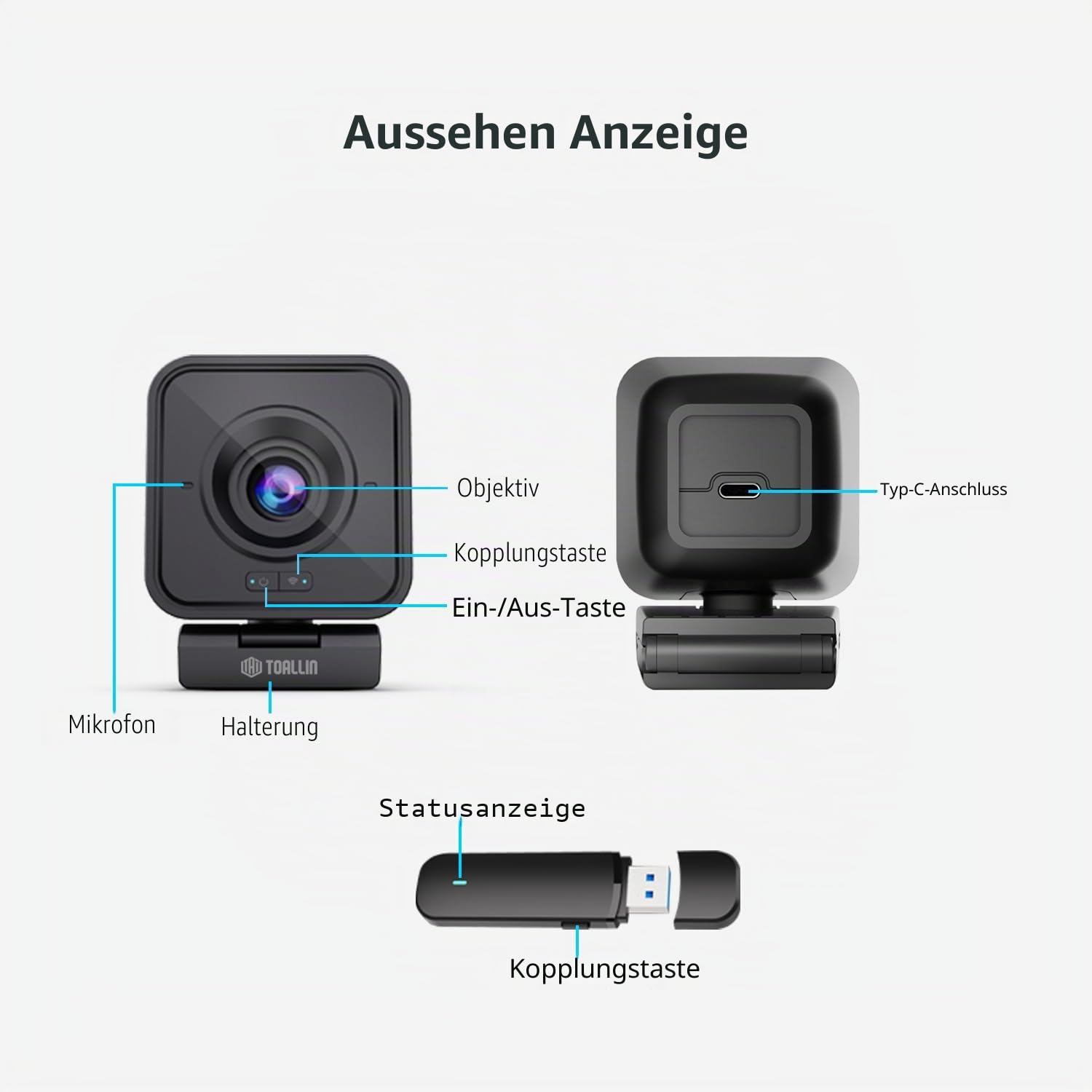 TOALLIN Kabellose Webcam für PC, 1080P Full HD Wireless Webcam, integriertes Mikrofon mit Geräuschunterdrückung, kabellose Computerkamera für Videokonferenzen/Live-Streaming/Online-Videoanrufe