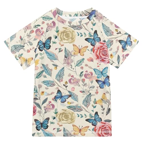 ALAZA Kids Rash Guard Boys Toddler Swim Shirts Short Sleeve Rose Butterfly Cream UPF 50+ 3T