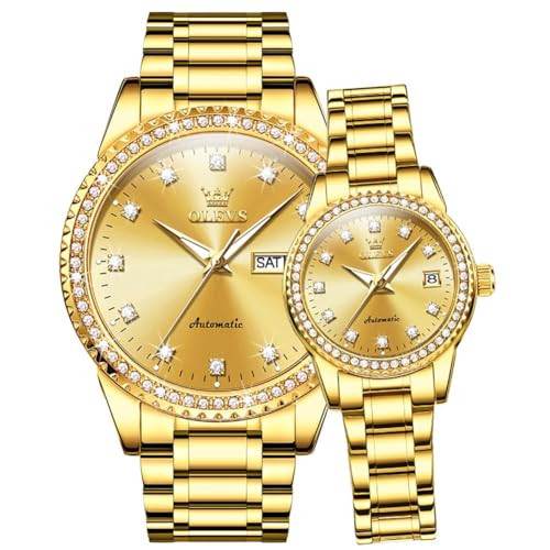 Image of OLEVS Couple Watch Men and Women His and Her Watches Set Analog Date Diamond Stainless Steel Waterproof Luminous Wrist Watch