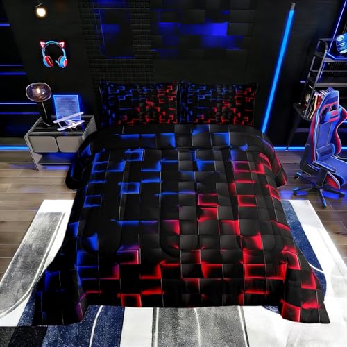 Image of Erosebridal Geometric Checkered Boys Bedding Set Full Size Neon Red Blue Comforter Set for Kids Teen Men Gamer Room Decor,Abstract Ombre Plaid Comforter Grids Quilt Duvet Black