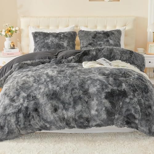 Image of EMME Luxury Fuzzy Duvet Cover Set Twin Size Fluffy Comforter Cover Set for Twin Bed 2 Pieces Shaggy and Plush Soft Bedding Duvet Covers (Dark Grey, Twin)