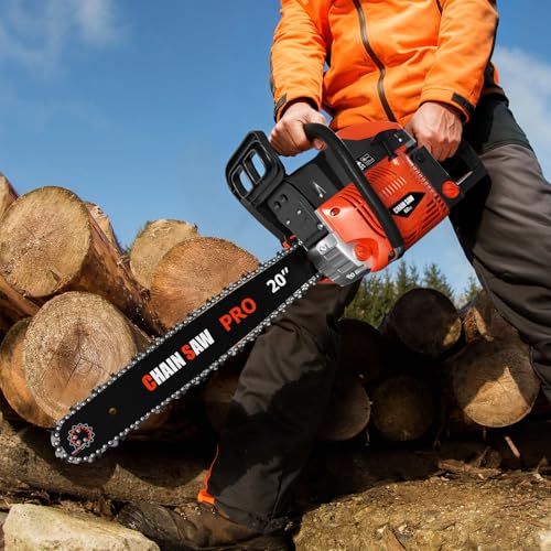 20 Inch Gas Chainsaw, 62CC Professional Chainsaw with 2-Stroke Engine, Ergonomic Non-Slip Handle & Dual Fuel Tanks for Wood Cutting, Tree Trimming, Land Clearing