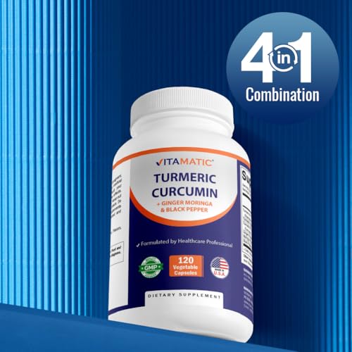 Vitamatic Turmeric Curcumin Supplement (10:1 Equivalent 3000 mg Per Serving, Made with 95% Curcuminoids, Black Pepper, Ginger, Moringa) 120 Vegetable Capsules, Non-GMO, Gluten Free (120 Capsules) - Thumbnail 6