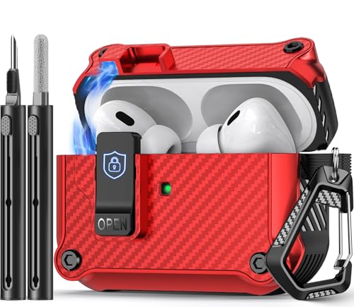 Image of Pohgelan Compatible with AirPods Pro 2nd /1st Case (Red) | Carbon Fiber Texture,Magnetic Automatic Lock with Cleaning Kit,Compatible with Magsafe