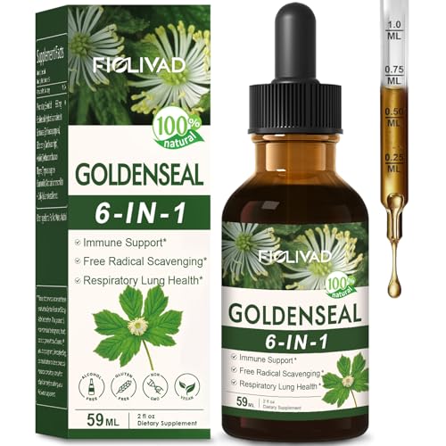 FIOLIVAD Goldenseal Root Extract Liquid Drop 6-in-1 Formula for Immune and Respiratory Lung Health Support Goldenseal Supplement with Echinacea Golden Seal Mullein Thyme. Fast Absorption. 2oz