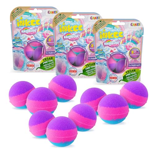 INKEE Pack Color Rainbow World - 9 pack de bombas de baño perfumadas para niños, 9x bolas de baño con 3 capas de colores diferentes (rosa, morado y azul), aroma candyfloss y aceite de argán