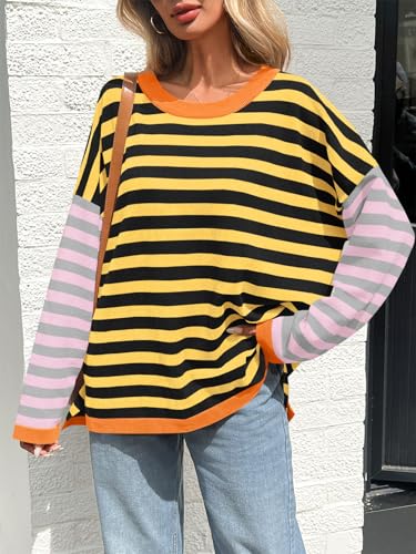 Image of Saodimallsu Womens Striped Oversized Sweaters Color Block Crew Neck Long Sleeve Loose Knit Pullover Sweater