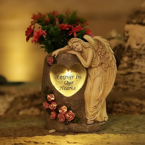 FUFRE Engel für Grab Wetterfest, Engel Grabschmuck Frostfest, Engel Figur Grablicht Solar Wetterfest, wasserdichte Grabschmuck aus Harz, LED Solar Grabdeko, für Rasen Hof Terrasse Deko (B-Beige)