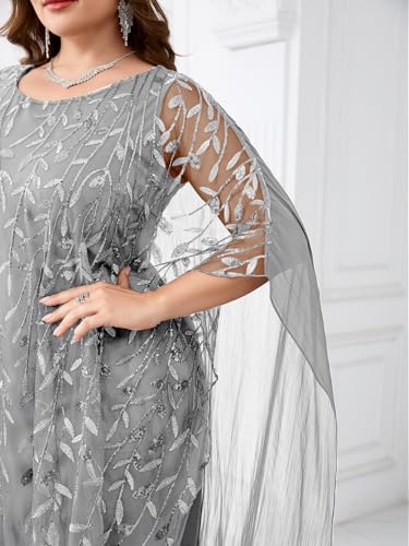 Image of Plus Size Sparkly Formal Evening Gown Sequin Cape Overlay Mother of Bride Dress Wedding Guest Cocktail Party
