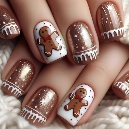 Cute Christmas Press On Nails Short Square with Gingerbread Man Designs