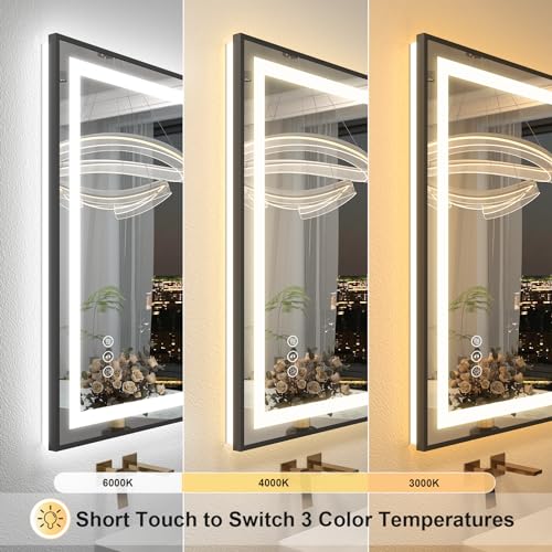 OKPAL 40x32 LED Bathroom Mirror with Lights, Lighted Mirrors for Bathroom Wall, Black Frame Lighted Vanity Mirror, Front and Backlit, Dimmable, Anti-Fog, Memory, Horizontal/Vertical