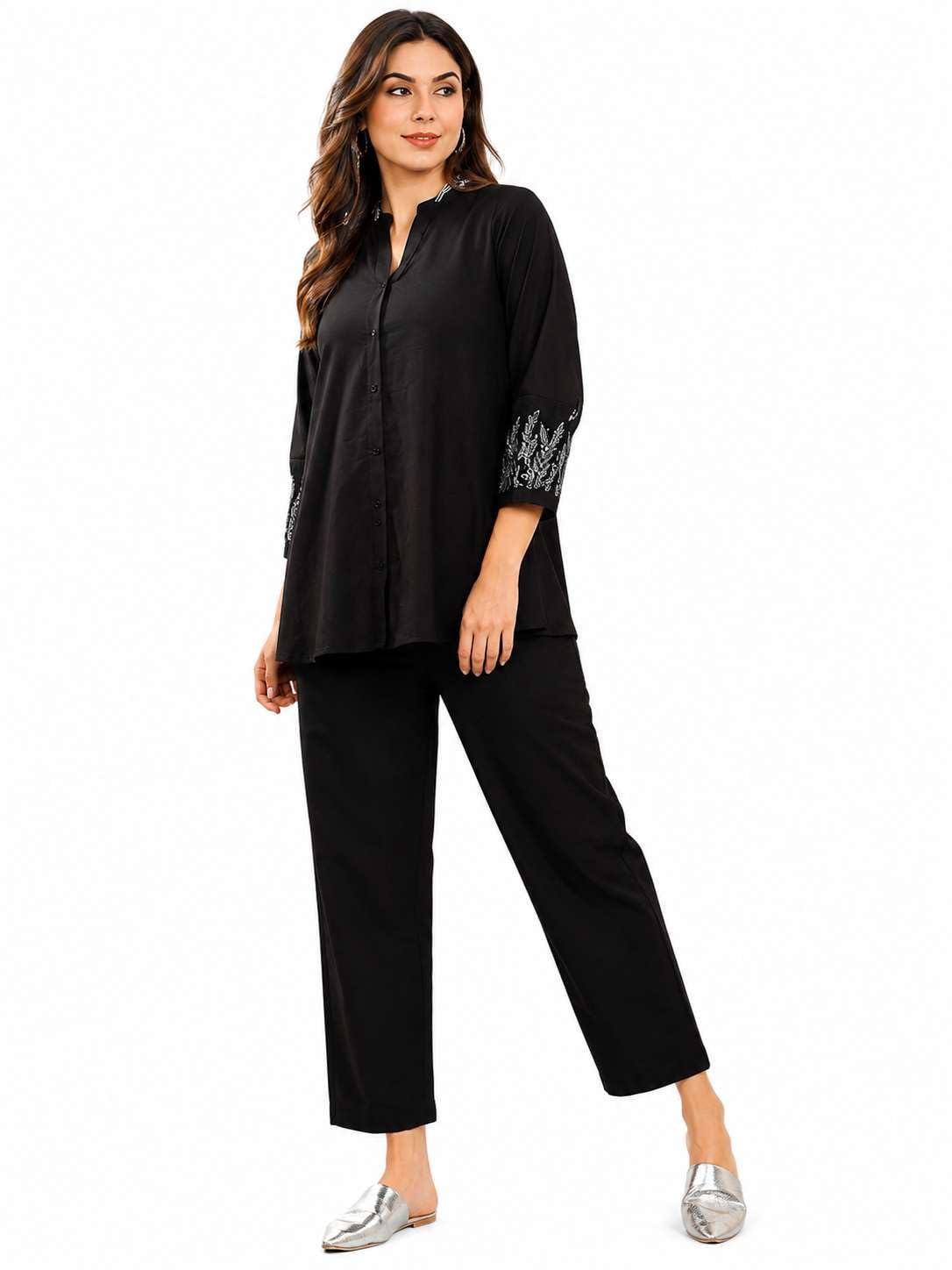Women's Rayon Embroidery Straight Kurti Pant Set (Black-L)-image-10