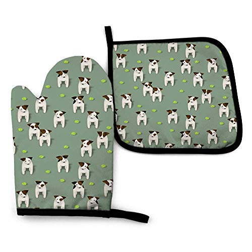 Lucky Parson Jack Russell Terriers W Tennis Balls Sage Green Small Oven Mitts and Pot Holders Sets Resistant Oven Mittens for Cooking BBQ Baking Gril