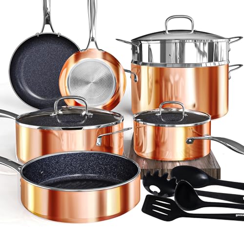 Comparison: Best Copper Cooking Pots And Pans 11 Deluxe DUXANO 14PC Healthy Pots and Pan With 9H Anti-scratch Coating, 2-Layer Non-Stick Ceramic&PFAS Free, Sensitively&Evenly Induction Cooking, Enhanced Flavor with Infrared Cookware, Dishwasher Safe
