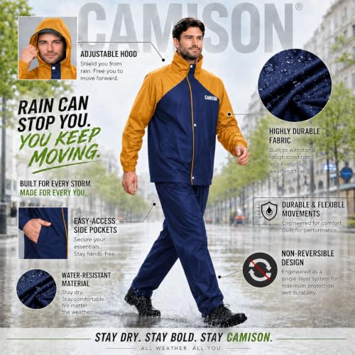 Image of Mens Raincoat Suit with Pant Set Eluxia Series | Waterproof Lightweight Breathable Rain Wear | Elastic Cuff & Waterproof Zipper Raincoat for men waterproof