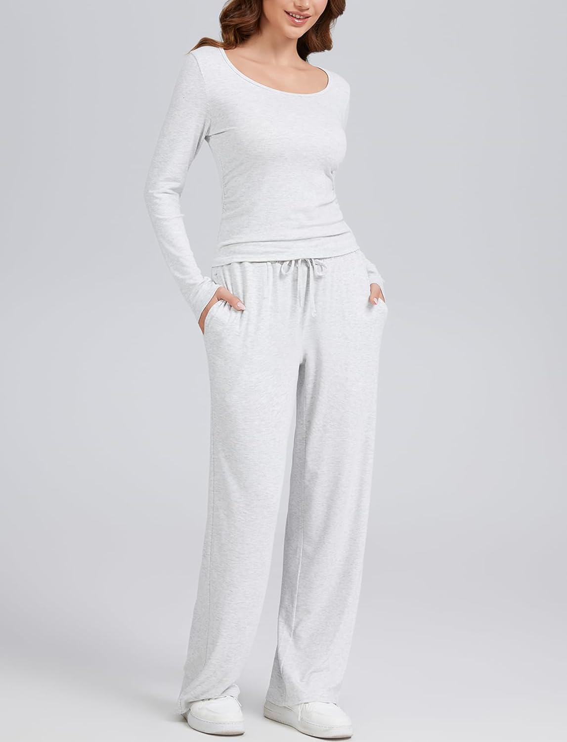 Women's 2 Piece Lounge Set Wide Leg Pants Matching Outfits with Pockets Travel Airport Workout Loungewear Sets - Image 4