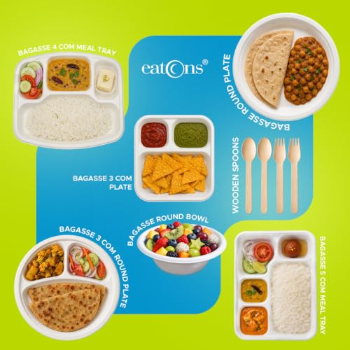 Image of EATONS White Bagasse 3-Compartment Disposable Meal Tray, 9 inch Pack of 5 | Eco-Friendly Compostable, Unbleached & Non-Toxic | Microwave & Freezer Safe, Leak-Proof | Party, Thali & Takeaway Plates