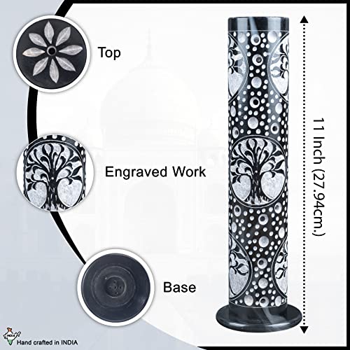 Crocon Handmade Black Marble Soapstone Incense Stick Burner Round Shape Tree Of Life Symbol Design Tower Burner | Candle Stick Holder | Decorative Home & Kitchen Best Gift Size - Lxwxh (7X7X26) Cm #TOP3