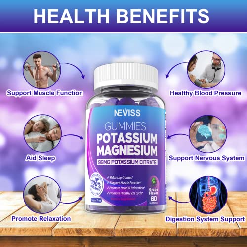Potassium Magnesium Gummies, Sugar-Free Potassium Citrate 99Mg Supplements With Magnesium Glycinate, Ashwagandha, B6 & B12 For Leg & Muscle Relaxation, Mood, Energy, Heart Health, Grape Flavor 120 Cts #TOP3