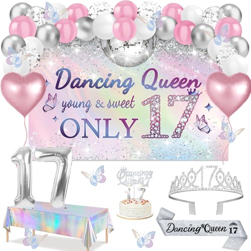 Dancing Queen Party Decorations 17 49pcs Silver Dazzle Dancing Queen Banner and Iridescence Tablecloth Sash Crown Butterfly Decor Sweet 17 Birthday Cake Topper Candles Balloons Arch