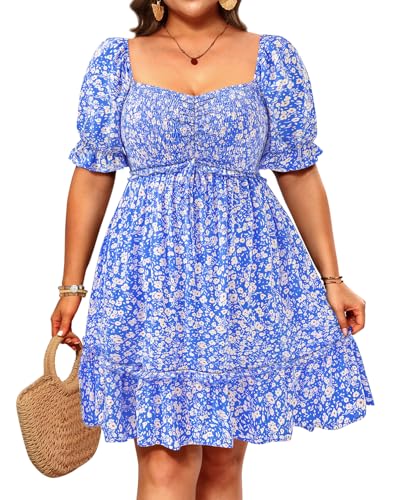 Image of Pinup Fashion Plus Size Summer Dresses-2026 Casual Puff Sleeve Sweetheart Neckline Smocked Short Babydoll Dress