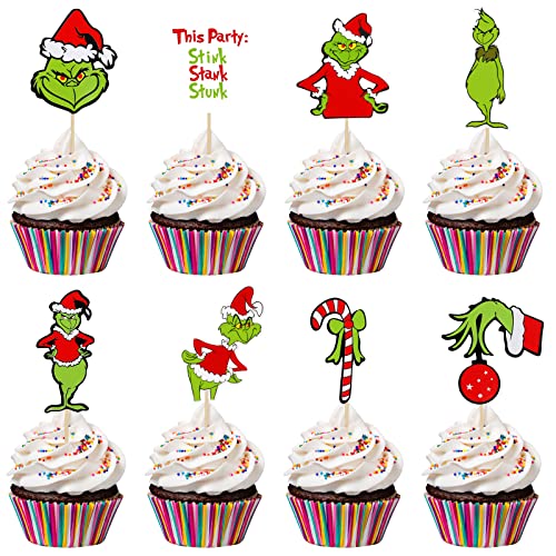 Grinch Cupcake Toppers Red Green Grinch Cupcake Picks For Grinch Christmas Party Dessert Cake Decorations Grinch Birthday Cake Decor,Grinch Christmas Party Supplies - 32Pcs #TOP27