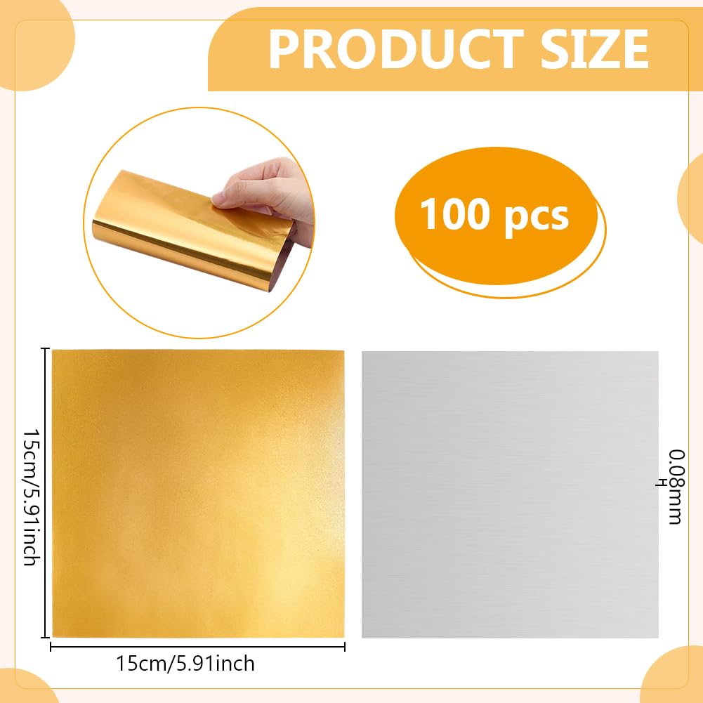 BENECREAT 100 hojas de lámina dorada en relieve de 15 x 15 cm, lámina metálica de aluminio para manualidades, cuadrados de estaño dorado para pintura, grabado, gofrado y proyectos artísticos