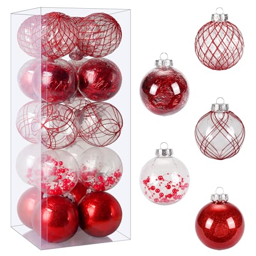 Christmas Ball Ornaments 20ct Red Clear Shatterproof Xmas Ball Decorations 80mm/3.15" Large Christmas Ornaments for Christmas Tree Decoration Hanging Bauble for Party Gifts