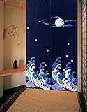 Dark Blue Peaceful Night Pattern Doorway Curtain Big Waves and Bright Moon Shinny Stars Japanese Style Noren Curtain