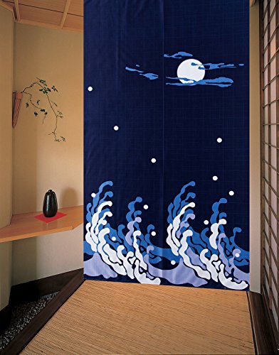LifEast Dark Blue Peaceful Night Pattern Doorway Curtain Big Waves and Bright Moon Shinny Stars Japanese Style Noren Curtain