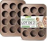 NutriChef Moules à Muffins, Pâtisserie pour Cuisson, Plaque à Cupcakes Antiadhésive, Moule Muffin, 2 Pièces avec 12 Cavités, Plateau Empilable en Acier au Carbone, Compatible Lave, Vaisselle, Doré