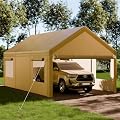 Shintenchi Portable Garage Canopy,12x20 FT Heavy-Duty Design Carport,Carport Canopy with Side-Opening Removable Door & Roll-Up Window,Portable Car Port for Car, Truck, Boat,Khaki