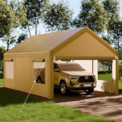 Shintenchi Portable Garage Canopy,12x20 FT Heavy-Duty Design Carport,Carport Canopy with Side-Opening Removable Door & Roll-Up Window,Portable Car Port for Car, Truck, Boat,Khaki