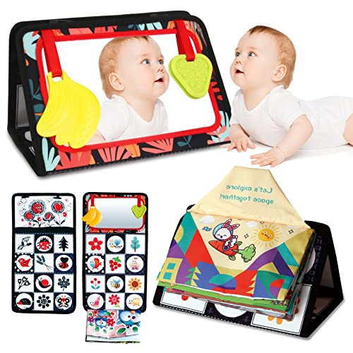 Image of Tummy Time Baby Mirror Toys, High Contrast Black and White Baby Toys 0-3-6 Months, Newborn Brain Development Floor Mirror with Crinkle Cloth Book Montessori Toys for Babies 6-12 Months Infant Sensory