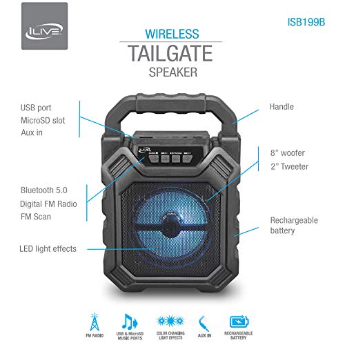 iLive ISB199B Wireless Tailgate Party Speaker, with LED Light Effects and Built-in Rechargeable Battery, Black - Thumbnail 2