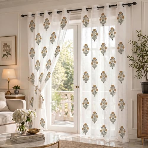 Image of LINENWALAS Decorative Cotton Linen Sheer Curtains 6 Feet for Window -Block Printed Door Curtain | Grommet Hanging Style Pack of 2 Panels |Light Filtering Sheer Drapes (Sandstone Floral)
