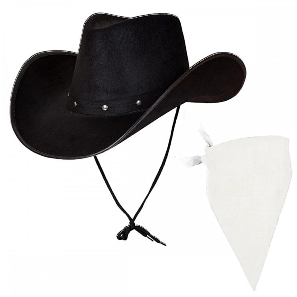 Titch & Timbo Black Texan Cowboy Hat + Bandana Set : Adult Mens Womens Western Wild West Rodeo Barn Dance Cowgirl Music Festival Pop Tour Fancy Dress Accessory (Plain Bandana, White Bandana)