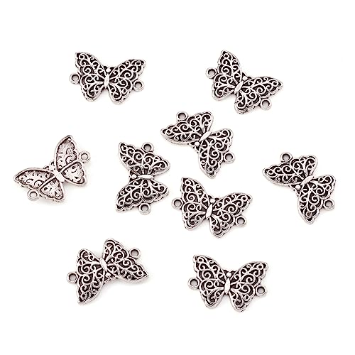 FASHEWELRY 100Pcs Antique Silver Hollow Butterfly Link Charms Double Loops