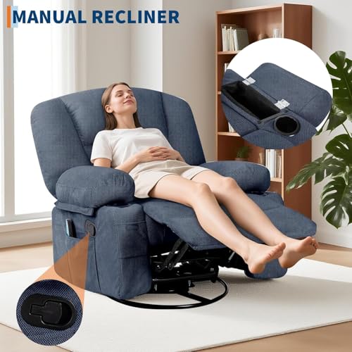 Image of Oversized Manual Swivel Recliner Chair for Adults, 360 Swivel Rocker Glider with Vibration Massage & Heat, Extra Wide Chenille Fabric Lazy Chair for Living Room Bedroom, Blue Chenille