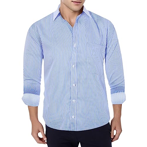 Camisa de manga larga para hombre, de algodón, corte ajustado, a cuadros, camisa de negocios, a rayas, informal, camisa de traje, camisa de trabajo, botones de solapa, camisa de manga larga ligera