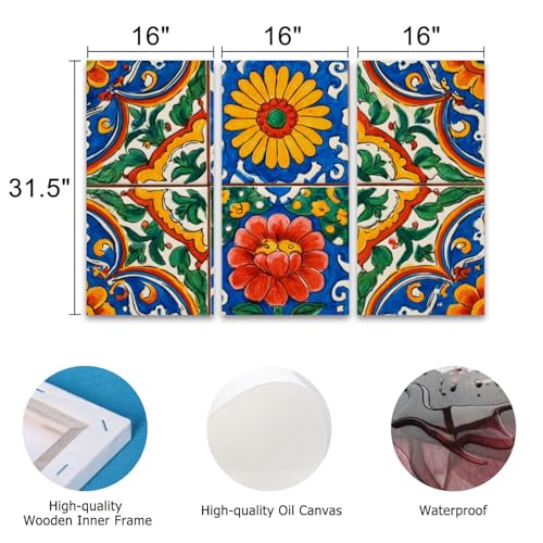 3 Piece Canvas Wall Art Prints Picture Mexican talavera ceramic tile Ethnic folk ornament Italian pottery Framed Wall Painting Modern Artwork Poster Home Decor for Living Room Office Ready to Hang - Image 4
