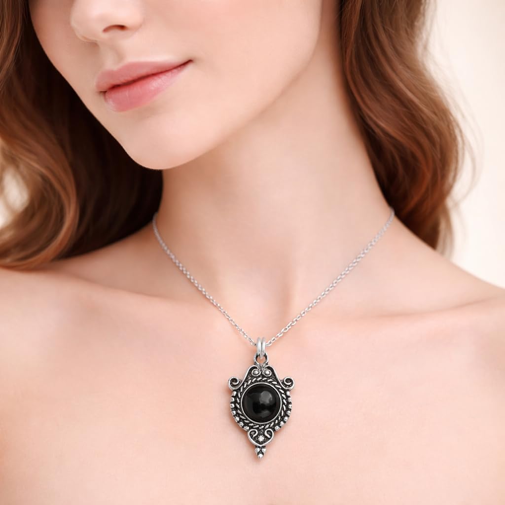 Natural Gemstone Pendant 10x10 mm Round Shape Necklace, 925 Sterling Silver Antique Oxidised Pendant, Spiritual Healing Crystal for Balance, Unique Handmade Gift Jewelry For Her. - Image 2