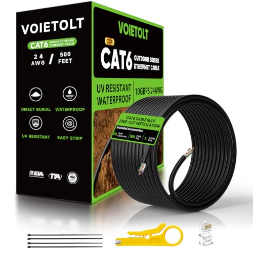 Image of Cat 6 Outdoor Ethernet Cable 500 ft, Bulk Cat 6 Cable with 30 RJ45 Connectors for Custom Assembly, 24AWG 10Gbps Internet Cable Cord Waterproof Direct Burial LLDPE UV Jacket CCA UTP