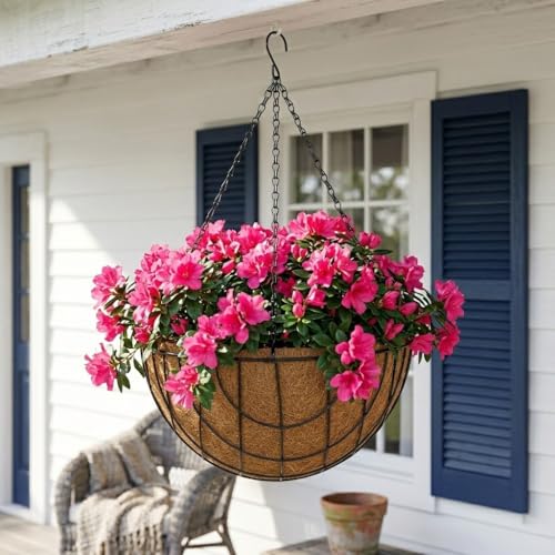 14 Inch Metal Hanging Basket with Coco Coir Liner for Flowers Planting, 4 Pack Hanging Baskets for Plants Outdoor, Mesh Grid Round Wire Planters with Chain for Home Patio Porch Balcony Garden Decor by Nature Crafted - Used condition - Image 5