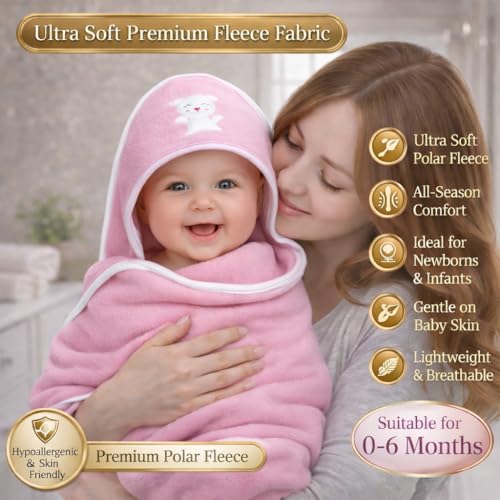 Image of First Kick Baby Blanket Newborn Polar Fleece Hooded Blanket with Premium Embroidery, 200 GSM All-Weather Newborn Wrapper, White Piping Stitch, 24 x 30 Inches, 0-6 Months, Pink, Sky, Mango