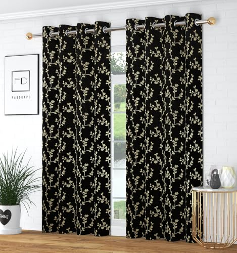 Image of Heavy Velvet Fabric Room Darkening Floral Design Curtains 8 Feet for Door, Black, Pack of 2 Pieces