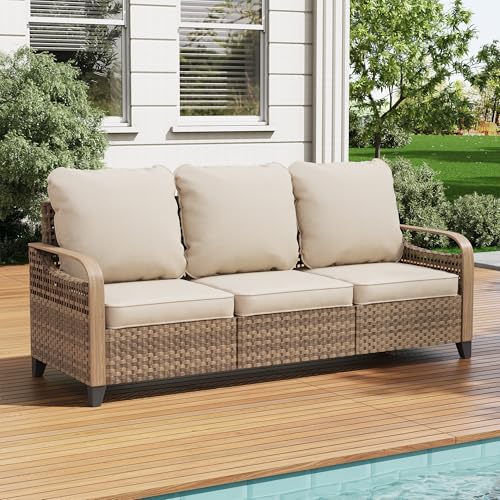 Image of UDPATIO Outdoor Patio Sofa 3-Seat PE Wicker Couch, All-Weather Rattan Furniture with Deep-Seating Water-Resistant Cushions, Non-Slip & Thick Patio Sofa Set for Garden /Porch /Backyard (Beige)