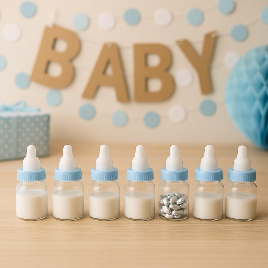 Baby Shower Favor - 36 Pack Mini Milk Bottle Party Favor Gift Bag Boxes 1.5" x 3.5" - Baby Shower Candy Jar (Blue)