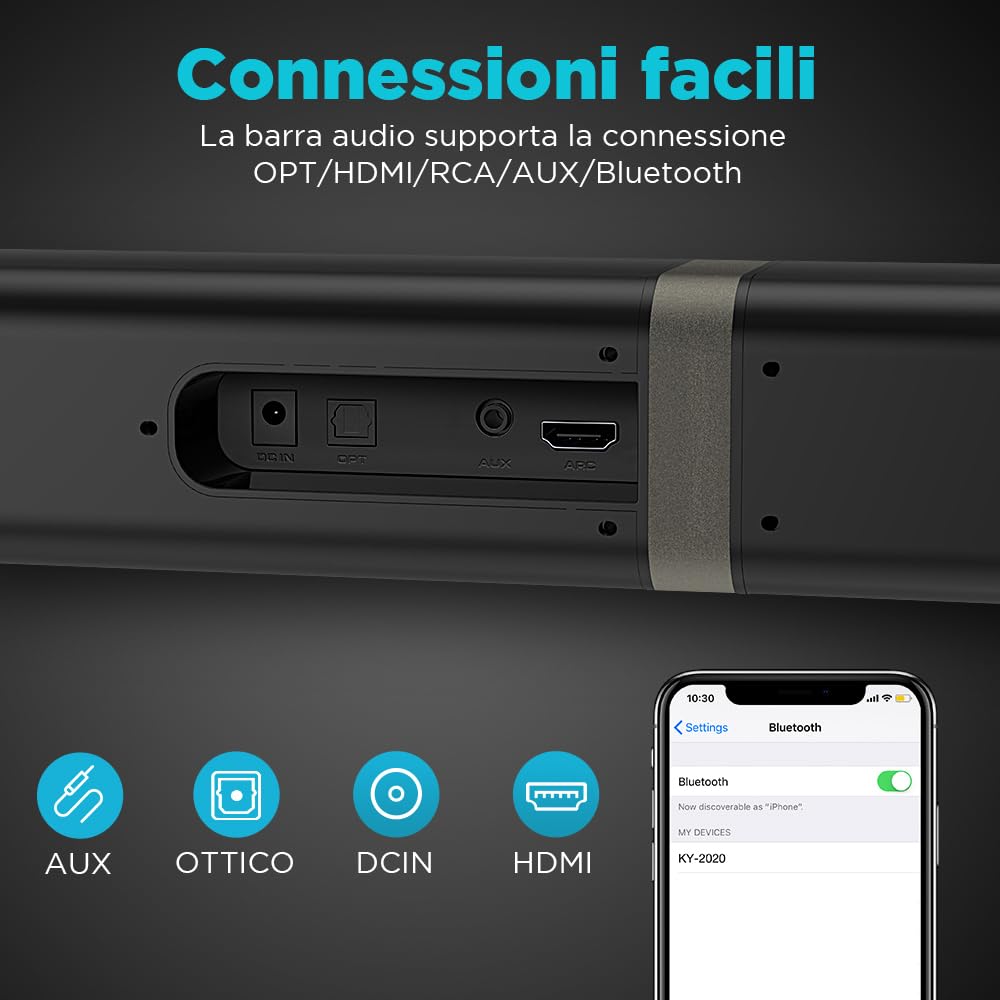 Bluetooth Soundbar per TV, 32 Inch Staccabile 2 in 1 Sound Bar per Televisore con Audio Potente, Altoparlanti per TV per Home Theater Audio, 2.0 canali con OPT/ARC/AUX, 1pcs
